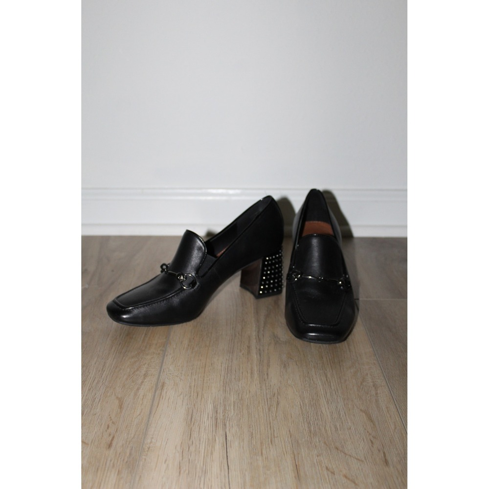 Donald Pliner Black Leather Studded Block Heel Loafers Bit Detail Square Toe 6.5